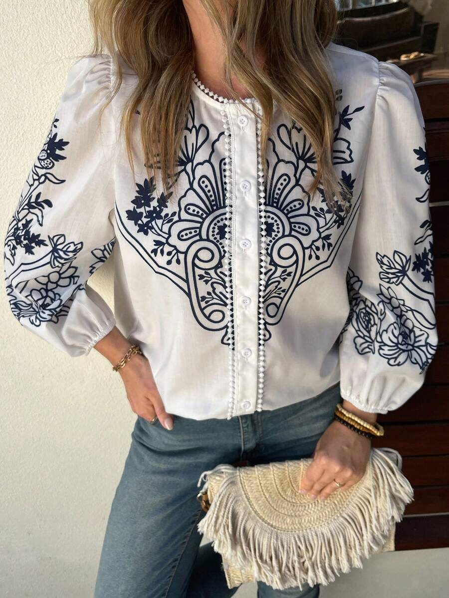 Vivie Lora Women's Loose Fit Round Neck Print Elegant Vacation Blouse - Navy Blue - View 1