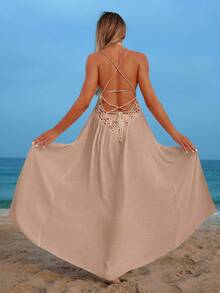 Swim Vcay Bộ bikini buộc dây sau lưng khoét hở, đầm maxi đi biển phối ren móc xẻ tà, phong cách nghỉ dưỡng thanh lịch. - Màu Khaki - Xem 2
