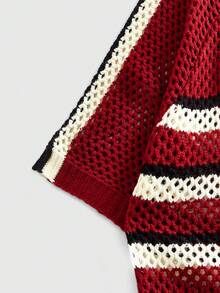 ROMWE MEN Men's Embroidered Knit Sweater, Retro Sporty V-Neck Contrast Color Loose Knit T-Shirt - Red - View 4