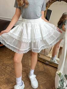 DAZY Tween Girl Elastic Waist Patchwork Bow Embroidery Mesh Double Ruffle Hem Cute A-Line Skirt - White - View 5