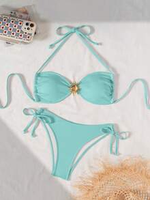 Swim Mod Bộ bikini dây buộc cổ gợi cảm với khóa kim loại, chất liệu vải có họa tiết. - Màu xanh lam - Xem 2