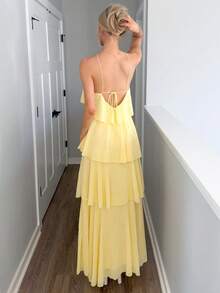Sydney Algeri Elegant Romantic Wedding Guest Solid Halter Tiered Chiffon Maxi Dress - Yellow - View 2