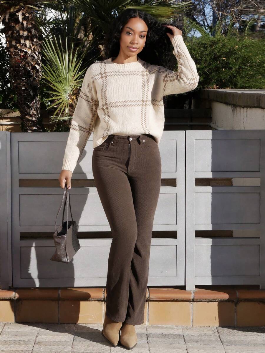 Yess Loren Casual Solid Color Corduroy Pants, Versatile Fall Cloth For Women - Coffee Brown - View 1