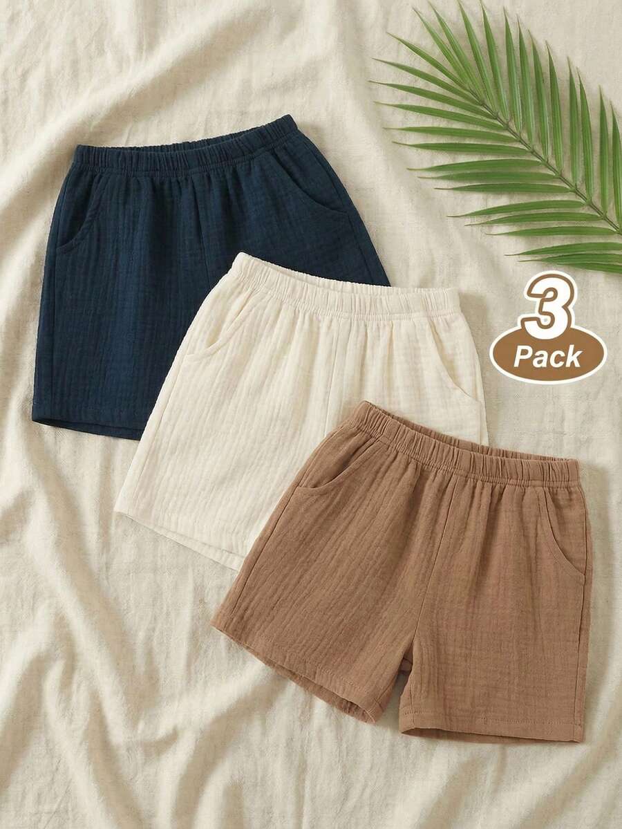 SHEIN Vintaside Kids 3入組男嬰休閒短褲 素色皺褶紋理 寬鬆版型 柔軟透氣 多入裝 夏季海灘校園穿搭褲