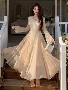 DAZY 女士刺绣蕾丝网纱中长连衣裙，优雅独特，正式场合礼服/吊带裙 - 杏色 - 查看 6