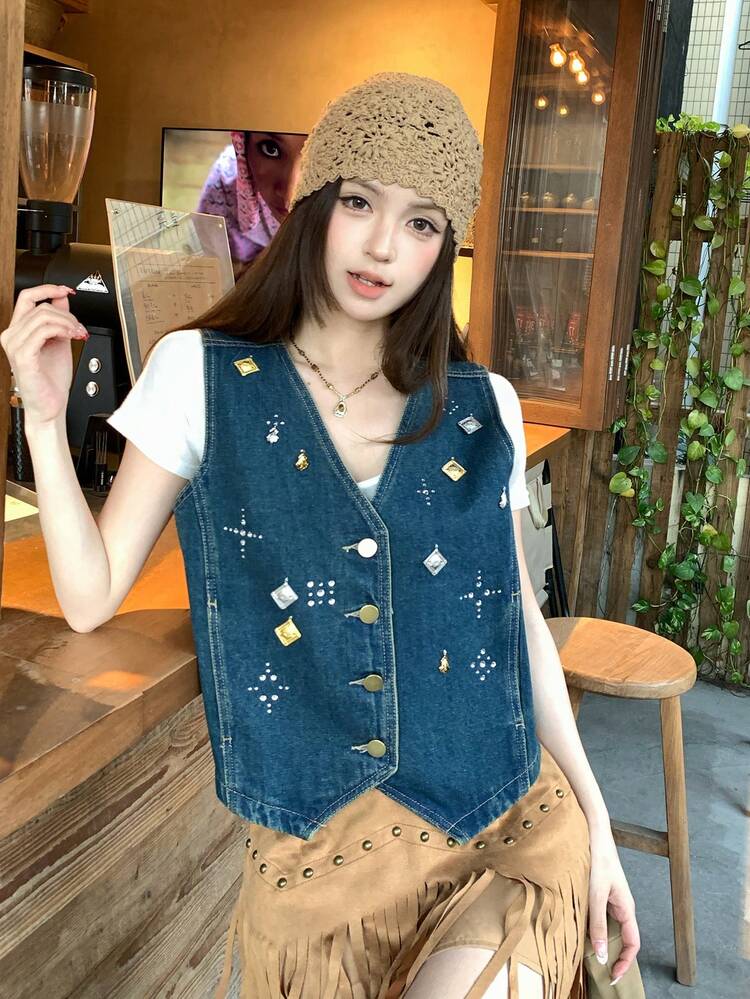 Women's Layered Washed Denim Top, Chic Korean Street Style