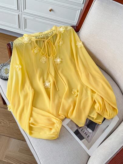 Airaco 大码女式V领纯色系带长袖休闲优雅百搭衬衫