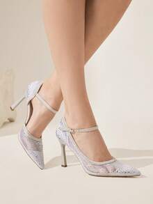 CUCCOO CHICEST 女士尖头高跟鞋，水钻装饰网布鞋面，时尚舒适，适合日常、派对、宴会等场合，搭扣设计 - 銀色 - 查看 1