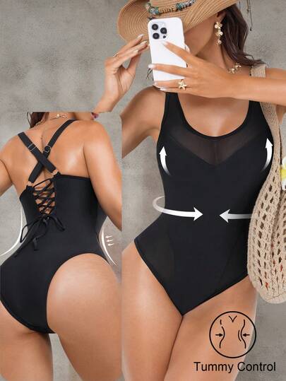 Shapewave 2026SS New Women's Swimwear Arrival For Holiday, Date, Western, Cruise, Beach, Island, Road Trip, All Seasons, Music Festival, Boho Vacation,Bohemian Vacation, Chill Autumn Boho Y2K Pleated Shorts, Elegant Vintage Casual 1pc Mesh Patchwork Vintage Elegant One-Piece Swimsuit, Casual Beach Holiday Plus Size One Piece Swimsuit Black Bathing Suit Women Curvy Swimwear Women Tummy Control Swimsuit Lace Up Detail Swimsuit Plus Size Swimsuit Plus Size Swimsuit Plus Size Lace-Up One-Piece Swimsuit Black Swimsuit Plus Size Plus Size Swimwear Swimwear Black One Piece Swimsuit Plus Size Back Lace Up Swimsuit Bodysuit Bathing Suits For Women One Piece One Piece Bathing Suit Full Coverage One Piece Bikini For Women Sexy One Piece Swim Suit Bodysuits For Ladies