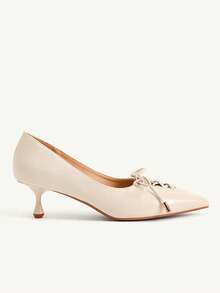 CUCCOO CHICEST Women's Pointed Toe Mid-Heel Beige Bow Design Fashionable Elegant Daily Commute Work Party Occasion High Heel Pumps - Beige - View 3