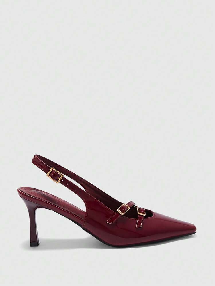 CUCCOO BIZCHIC Women Shoes Spring And Autumn New French Small Square Toe Thin High Heel Burgundy Buckle Slingback With Simple Elegance Elegant Commuting To Work Comfortable Women's High Heel Shoes Slingback Women's Shoes