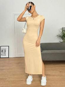 SHEIN EZwear 女士米黄色纯色露背开衩修身Y2K连衣裙，夏季 - Butter Yellow - 查看 4