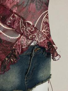 SHEIN ICON Áo hai dây nữ đi nghỉ mát in hoa điều, dây bèo nhún, thích hợp cho ngày Quốc khánh 4 tháng 7, áo mùa hè dễ thương để đi chơi. - Màu Đỏ Sâu - Xem 7