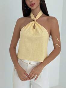 Aloruh Áo tank top cotton tối giản, gợi cảm, hở lưng, buộc dây xoắn, ôm sát dành cho nữ. - Màu vàng - Xem 4