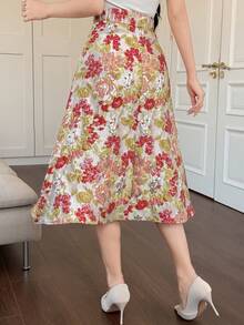 DAZY High-End French Regal Style Metallic Jacquard High Waist A-Line Skirt For Women - Red - View 2