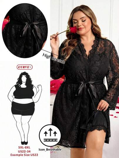 SHEIN CURVE+ CURVE PLUS /Valentine's Day/Plus Size Women's Two Pieces Set, Dress+Lace Cardigan, Suitable For Home Use