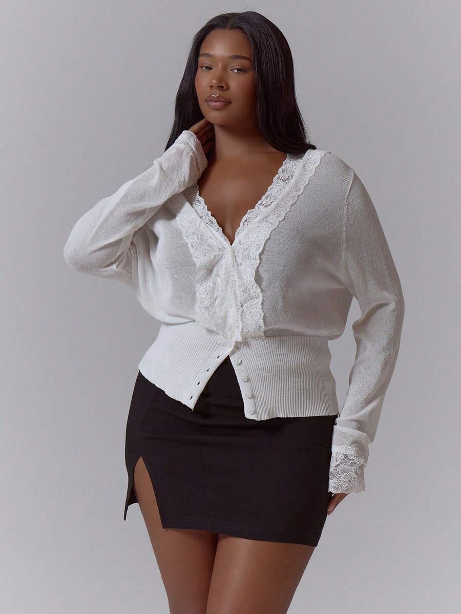 MUSERA Lace Trim Cinched Waist Cardigan Top Vneck Button Detail Winter NewYear Cute Sexy Going Out Evening Party Accented - Cream - View 1