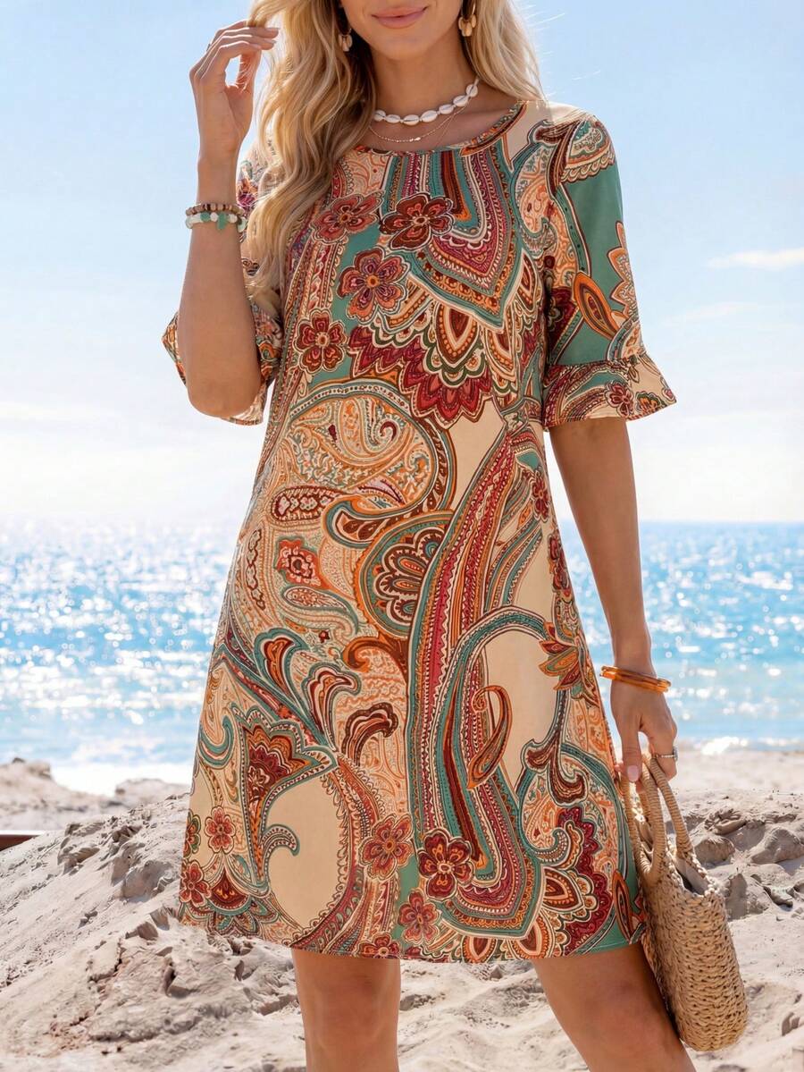 Sylviya Women Allover Print Round Neck Casual Holiday Short Sleeve Dress - Multicolor - View 1