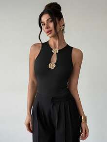 Rafferiza 女士高弹力连体衣，黑色金属玫瑰扣连体衣，外出穿搭，黑色连体衣，夏季度假穿搭，休闲连体衣，无袖连体衣，性感连体衣，女士沙滩装，沙滩连体衣，黑色紧身连体衣，黑色性感露背上衣，无袖上衣，金属扣上衣，吊带背心，露背上衣，黑色性感上衣 - 黑色 - 查看 6