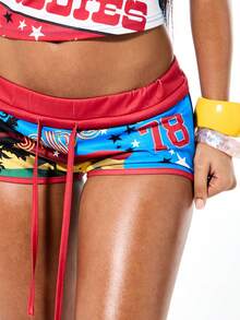 SUMWON WOMEN Flag Star Print Low Rise Jersey Booty Shorts With Red Trim And Patriotic Graphics - Multicolor - View 4
