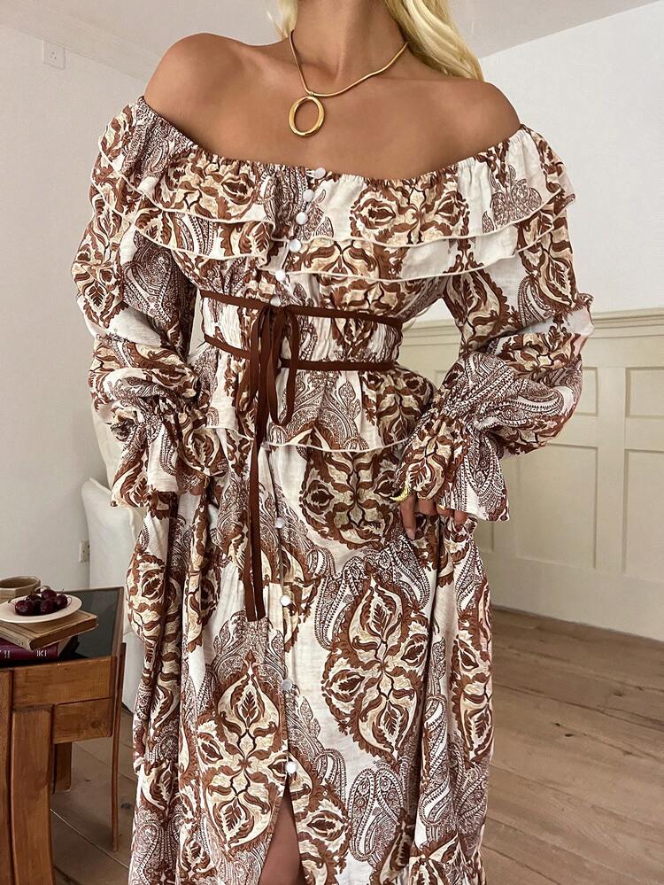 Women's Vintage Casual All-Over Print Off Shoulder Ruffle Hem Dress, Autumn Boho