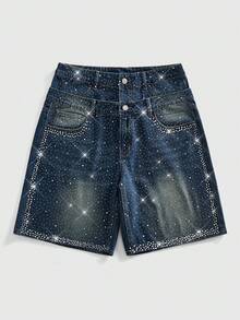 ROMWE MEN Street Life Men's Fashion Street Style Rhinestone Washed Slant Pocket Denim Shorts - Blue - View 1