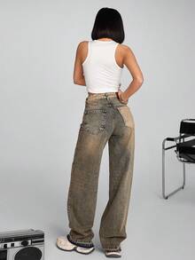 CasuGlow 高腰阔腿牛仔裤，夏季时尚 - 中等水洗藍 - 查看 2