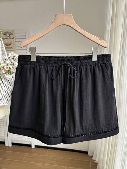 Comfortcana 大码女式夏季抽绳腰黑色梭织运动短裤