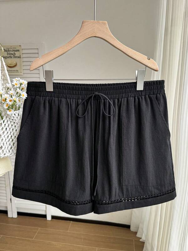 Comfortcana 大码女式夏季抽绳腰黑色梭织运动短裤
