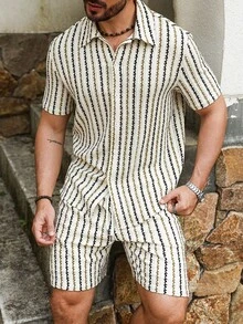 Genlund 男士条纹短袖纽扣休闲衬衫套装 - 杏色 - 查看 6