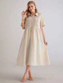 Parysyn 大码休闲女式褶皱短袖夏季长裙 - 杏色 - 查看 6