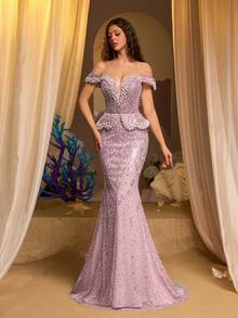 Glamrae 优雅奢华的露肩仿珍珠亮片V领鱼尾裙，适合婚礼、派对、度假、晚宴、正式场合（装饰繁复） - 藕粉色 - 查看 7