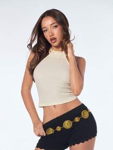 SHEIN ICON Women's Sexy Concert Club Going Out Coachella Vacation Casual Beaded Decor Backless Halter Top, Spring To Summer - Apricot - View 7
