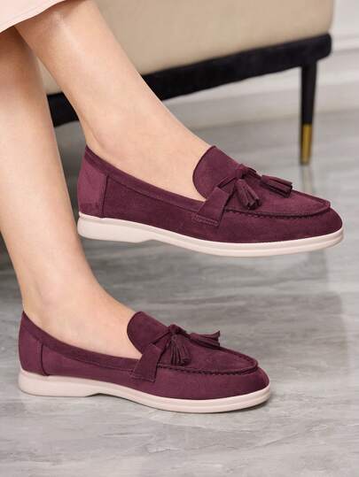Sleekvia Women's Fashion Burgundy Suede Bow Tassel Design Comfortable Casual Loafers, Suitable For Commuting, Outdoor, Travel, Shopping, Work, Daily Wear