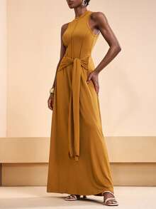 Zivah 2026春夏新款优雅无袖开衩腰带褶皱修身连衣裙，适合婚礼、派对、约会、通勤等场合。 - 棕色 - 查看 4