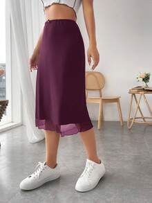 SHEIN Essnce Chân váy dài ngang gối màu trơn, kiểu dáng thường ngày, thích hợp cho mùa hè. - Màu đỏ tím - Xem 3