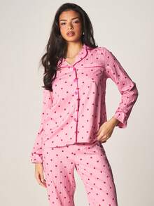 MISSGUIDED Bộ đồ ngủ in hình trái tim, áo dài tay và quần cùng màu, đồ mặc nhà, bộ sưu tập Valentine. - Hồng - Xem 4
