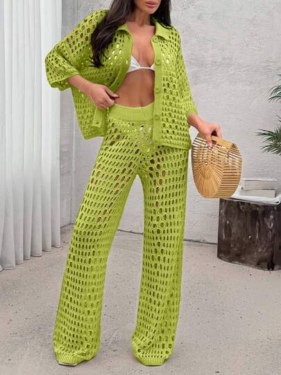 EURMUSE Women Hollow Out Cut Out Button Front Knit Shirt Top And Sweater Pant 2pcs Set Co-Ords Cover Up Beach Set