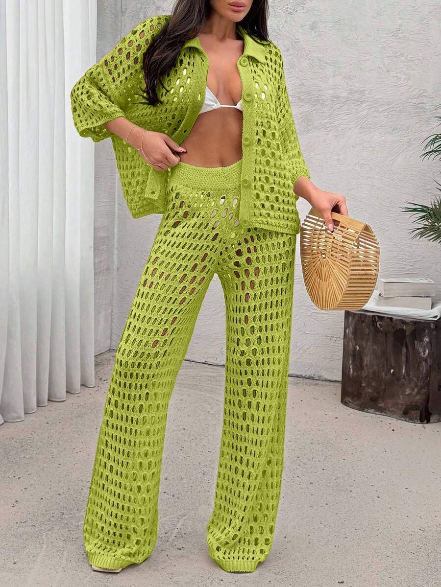 Women Hollow Out Cut Out Button Front Knit Shirt Top And Sweater Pant 2pcs Set Co-Ords Cover Up Beach Set - Green - View 1