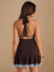 SHEIN BAE Đầm ôm dáng chữ A cổ yếm viền ren màu nâu và xanh dương, thích hợp cho tiệc cocktail, hẹn hò lãng mạn, họp mặt, tiệc bãi biển, kỳ nghỉ, trang phục dạ hội. - màu nâu - Xem 4