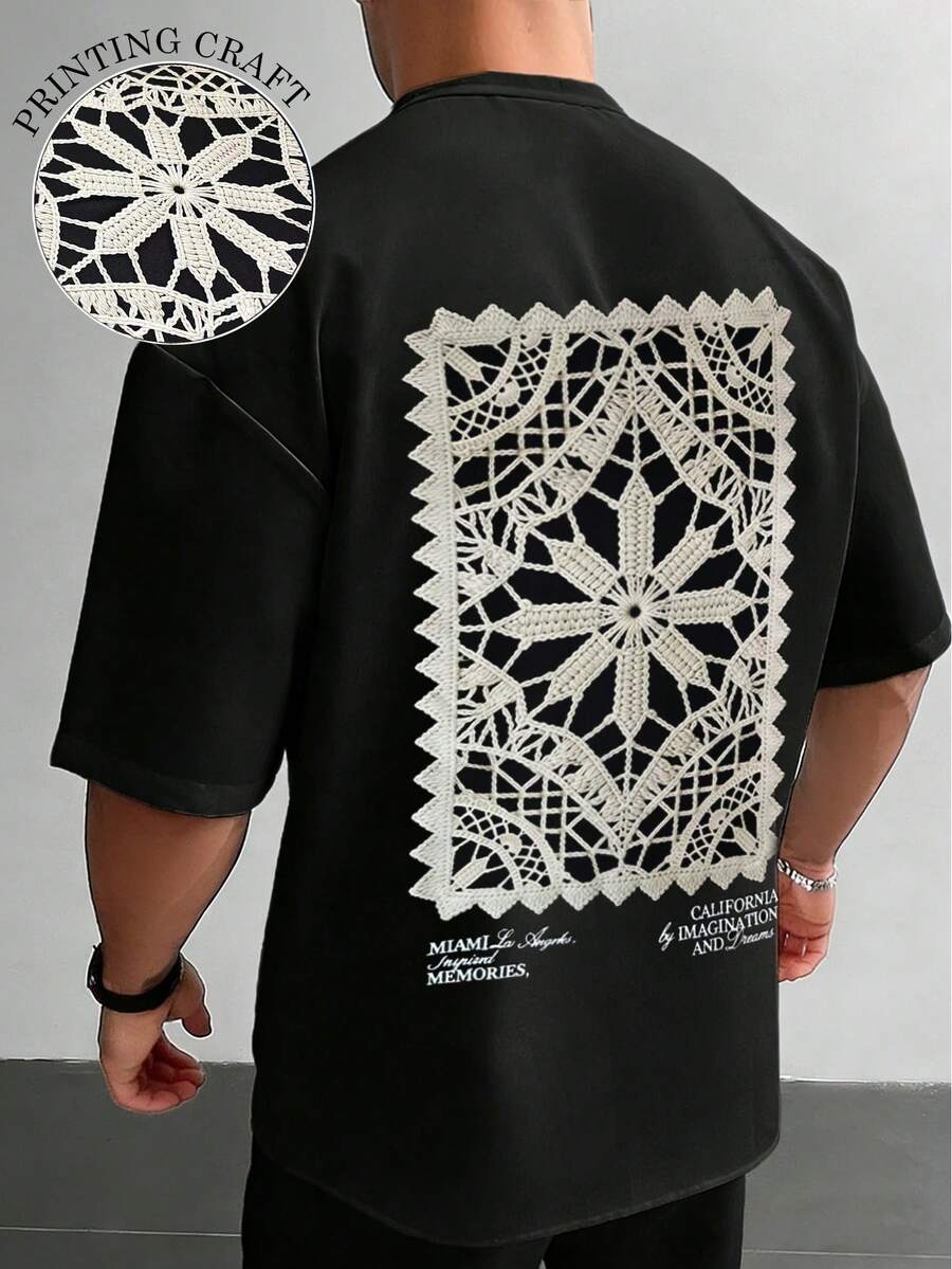 Manfinity Dauomo 休闲时尚男士落肩短袖圆领T恤，夏季 - 黑色 - 查看 1