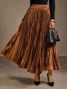 MOTF PREMIUM FALDA VINTAGE DE MUJER DE CINTURA ALTA CON PLIEGUES EN FORMA DE A, CINTURA ELÁSTICA, COLOR DORADO METÁLICO - Óxido marrón - Ver 3