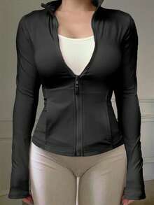 DAZY Women's Outdoor High Collar Fitted Zip-Up Cotton Jacket - Black - View 5