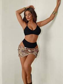 Swim SXY 2pcs/Set Women's Sexy Backless Spaghetti Strap Hollow Out Bikini Swimsuit, Suitable For Spring/Summer Beach - Black - View 6