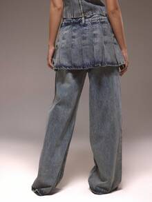 MUSERA 层叠褶裥半身裙，纽扣腰带设计，牛仔裤款，冬季可爱街头风，休闲西式，水洗效果 - 藍色 - 查看 4