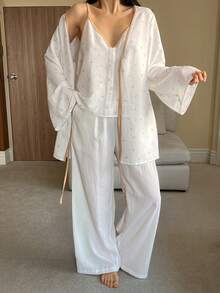 DAZY 3件套/组 蝴蝶结印花撞色滚边吊带背心和宽松睡裤 女士睡衣套装 - 白色 - 查看 4