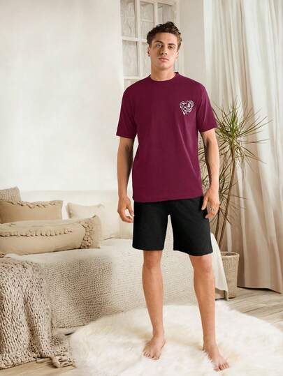 100%Cotton Men's Printed Short Sleeve T-Shirt And Shorts Pajama Set