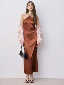 Nöista Women's Caramel Brown Satin Minimalist Spaghetti Strap Maxi Dress - Brown - View 1