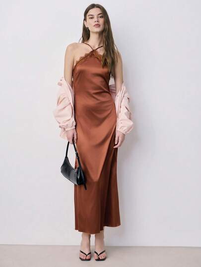 Nöista 女士焦糖棕色缎面极简吊带长裙