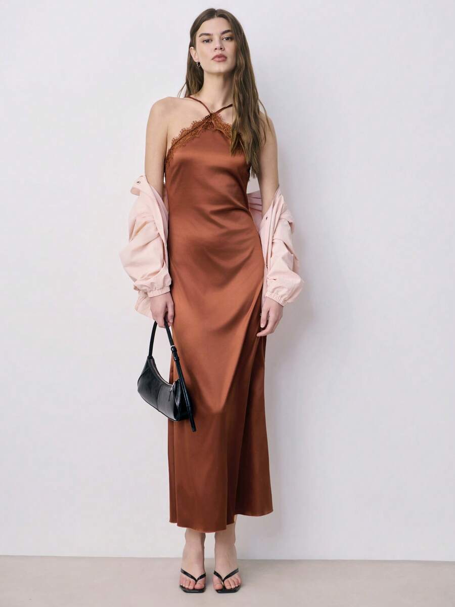 Nöista Women's Caramel Brown Satin Minimalist Spaghetti Strap Maxi Dress - Brown - View 1